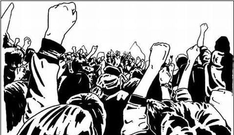 Black and white image of a crowd of people seen from behind with their hands in the air